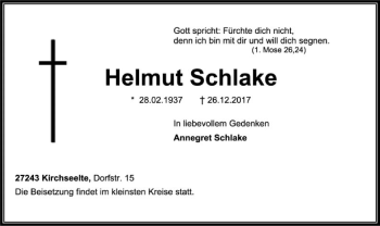 Traueranzeige von Helmut Schlake von SYK