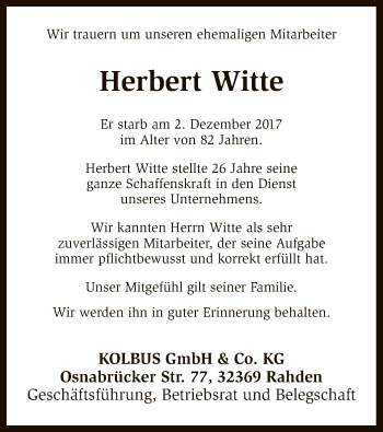 Traueranzeige von Herbert Witte von SYK