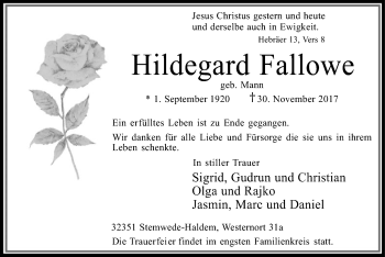 Traueranzeige von Hildegard Fallowe von SYK