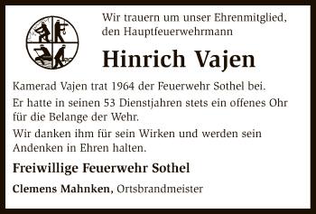 Traueranzeige von Hinrich Vajen von SYK