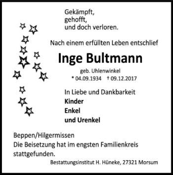 Traueranzeige von Inge Bultmann von SYK