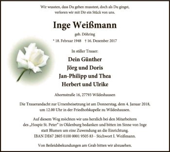 Traueranzeige von Inge Weißmann von SYK