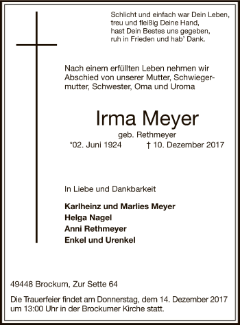 Traueranzeige von Irma Meyer von SYK