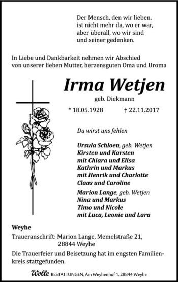 Traueranzeige von Irma Wetjen von SYK