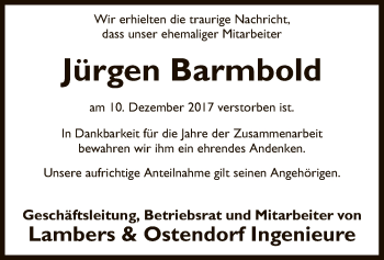 Traueranzeige von Jürgen Barmbold von SYK