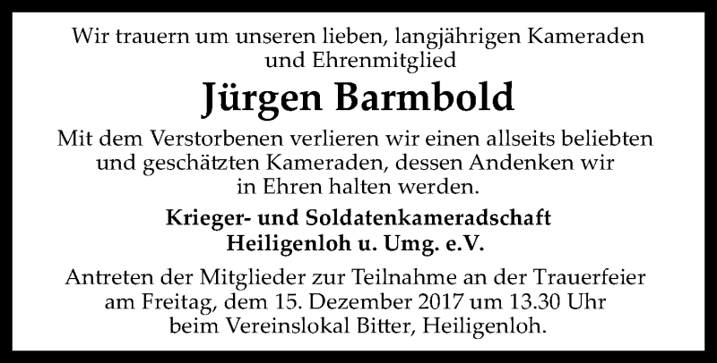  Traueranzeige für Jürgen Barmbold vom 13.12.2017 aus SYK
