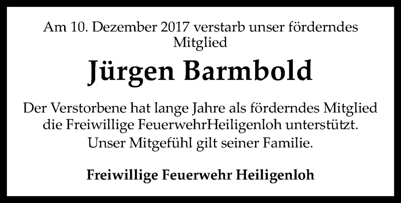  Traueranzeige für Jürgen Barmbold vom 13.12.2017 aus SYK