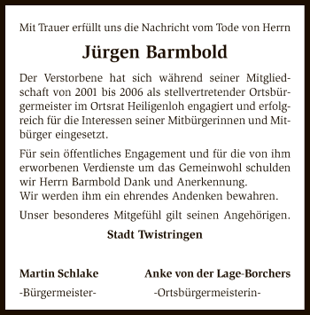 Traueranzeige von Jürgen Barmbold von SYK