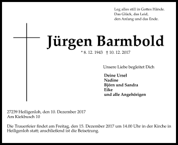 Traueranzeige von Jürgen Barmbold von SYK