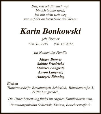 Traueranzeige von Karin Bonkowski von SYK