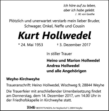 Traueranzeige von Kurt Hollwedel von SYK