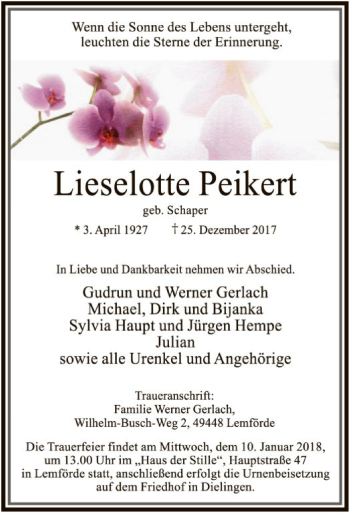 Traueranzeige von Lieselotte Peikert von SYK