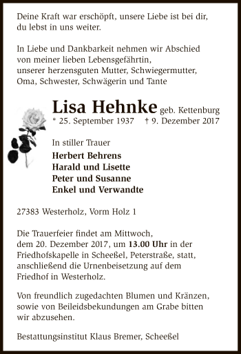 Traueranzeige von Lisa Hehnke von SYK