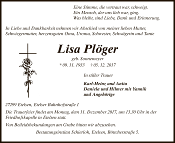 Traueranzeige von Lisa Plöger von SYK