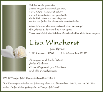 Traueranzeige von Lisa Windhorst von SYK