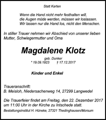 Traueranzeige von Magdalene Klotz von SYK