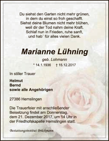 Traueranzeige von Marianne Lühning von SYK