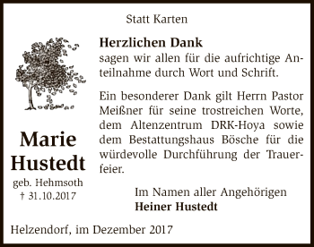 Traueranzeige von Marie Hustedt von SYK