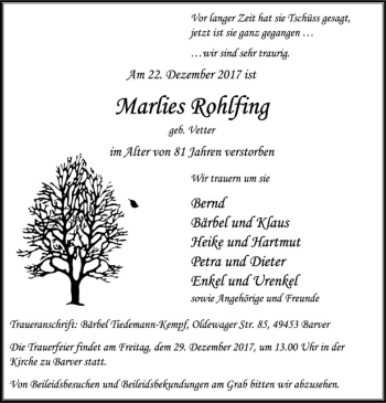 Traueranzeige von Marlies Rohlfing von SYK