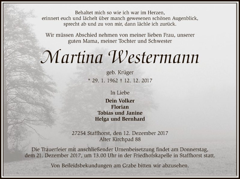  Traueranzeige für Martina Westermann vom 16.12.2017 aus SYK