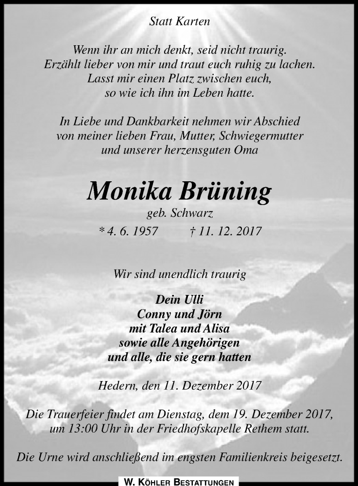  Traueranzeige für Monika Brüning vom 14.12.2017 aus SYK