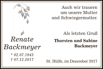 Traueranzeige von Renate Backmeyer von SYK