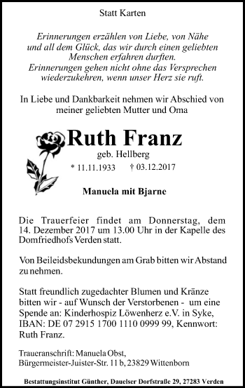 Traueranzeige von Ruth Franz von SYK