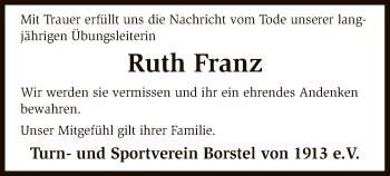 Traueranzeige von Ruth Franz von SYK