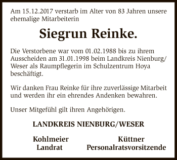 Traueranzeige von Siegrun Reinke von SYK