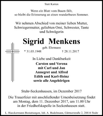 Traueranzeige von Sigrid Menkens von SYK