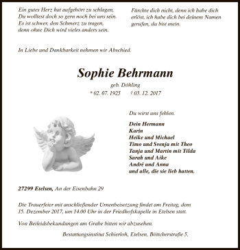 Traueranzeige von Sophie Behrmann von SYK