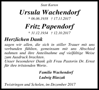 Traueranzeige von Ursula und Fritz Wachendorf und Papendorf von SYK