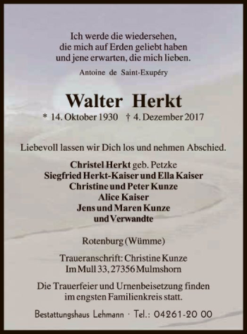 Traueranzeige von Walter Herkt von SYK