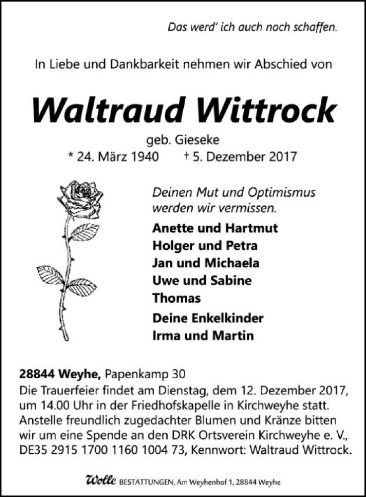  Traueranzeige für Waltraud Wittrock vom 07.12.2017 aus SYK