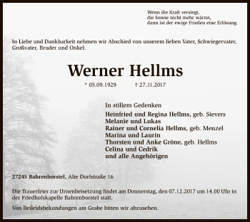 Traueranzeige von Werner Hellms von SYK