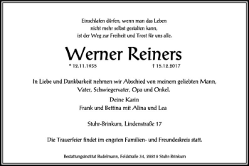 Traueranzeige von Werner Reiners von SYK