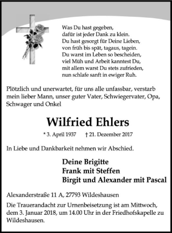 Traueranzeige von Wilfried Ehlers von SYK