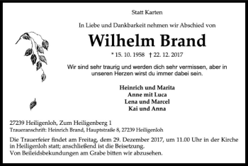 Traueranzeige von Wilhelm Brand von SYK