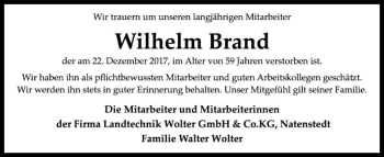 Traueranzeige von Wilhelm Brand von SYK