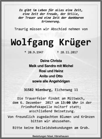 Traueranzeige von Wolfgang Krüger von SYK