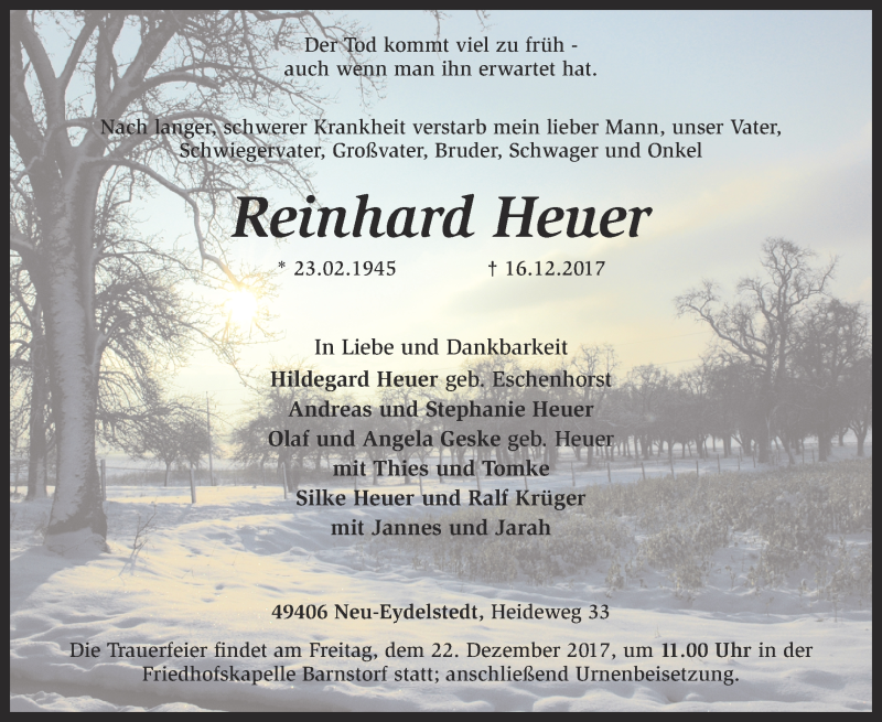  Traueranzeige für Reinhard Heuer vom 19.12.2017 aus SYK
