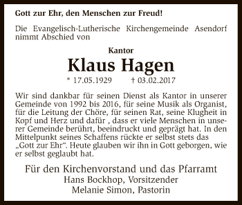 Traueranzeige von Klaus Hagen von SYK