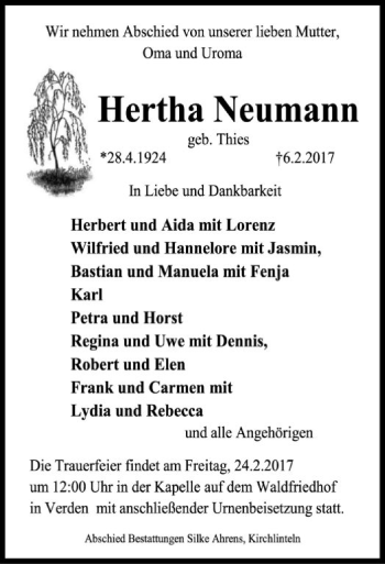 Traueranzeige von Hertha Neumann von SYK