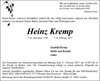Traueranzeige von Heinz Kremp von SYK