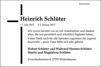 Traueranzeige von Heinrich Schlüter von SYK