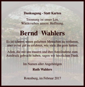 Traueranzeige von Bernd Wahlers von SYK