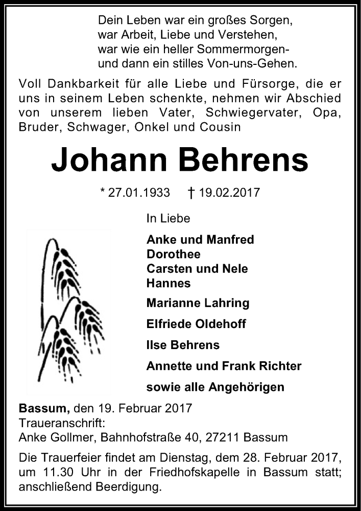  Traueranzeige für Johann Behrens vom 21.02.2017 aus SYK