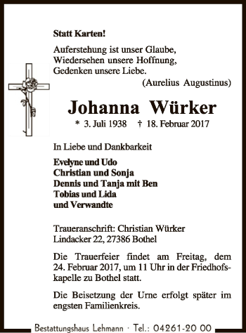 Traueranzeige von Johanna Würker von SYK