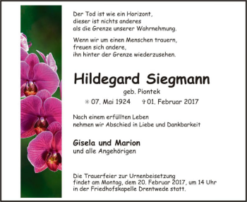 Traueranzeige von Hildegard Siegmann von SYK