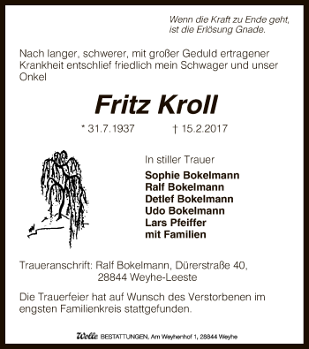 Traueranzeige von Fritz Kroll von SYK